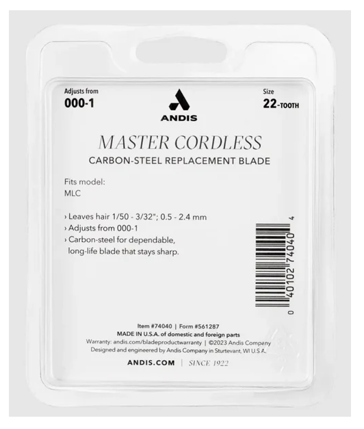 Andis master cordless carbon-steel replacement blade packaging with specifications.