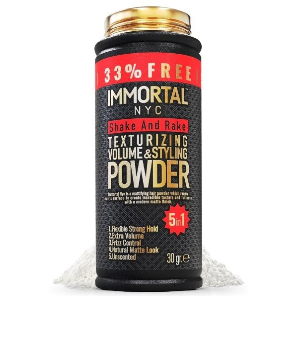 Immortal NYC shake and rake texturizing volume and styling powder on a white background