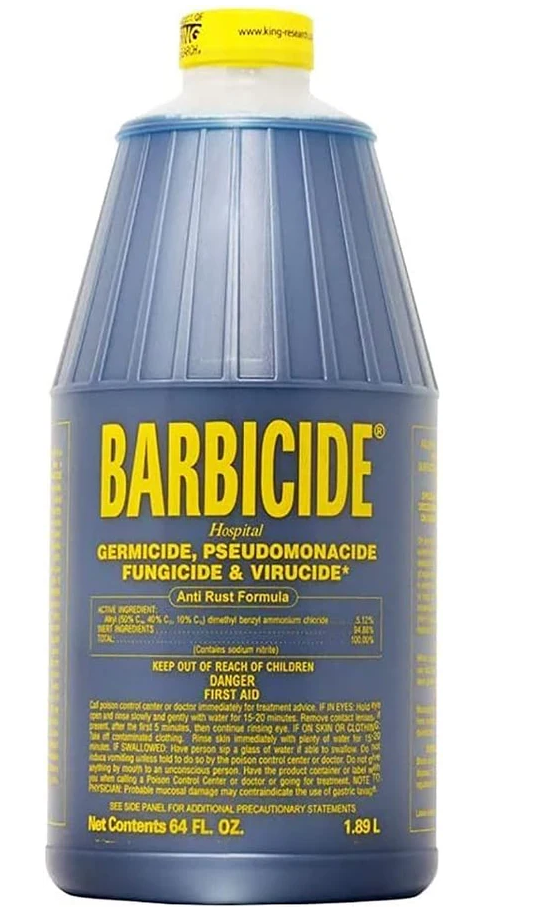 Barbicide bottle with blue body and yellow label on a white background