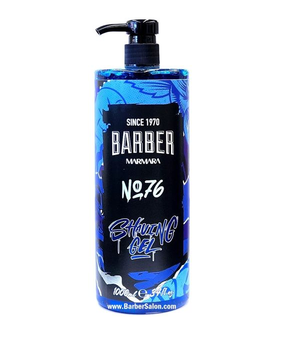 Barber product bottle with blue and black design on a white background
