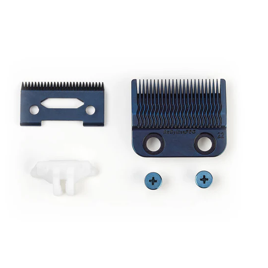 Two blue hair clipper comb attachments with screws on a white background