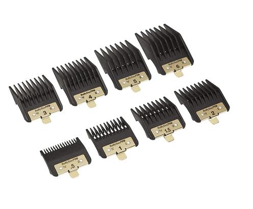 Set of BaBylissPRO 8-piece black and gold hair clipper combs on a white background