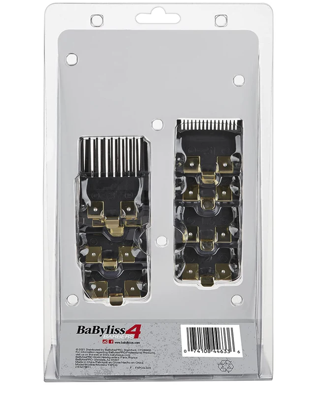 Packaging of BaByliss4 hair clipper attachments on a white background