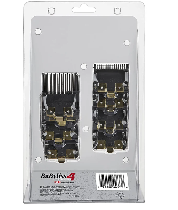 Packaging of BaByliss4 hair clipper attachments on a white background
