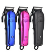 Three Absolute Alpha hair clippers in blue, pink, and black on a white background