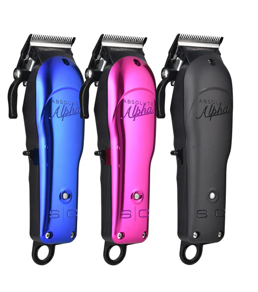 Three Absolute Alpha hair clippers in blue, pink, and black on a white background