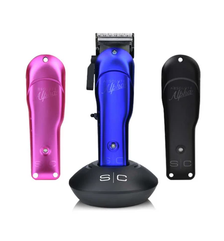 Set of grooming tools including a blue clipper, pink trimmer, and black lids on a white background.