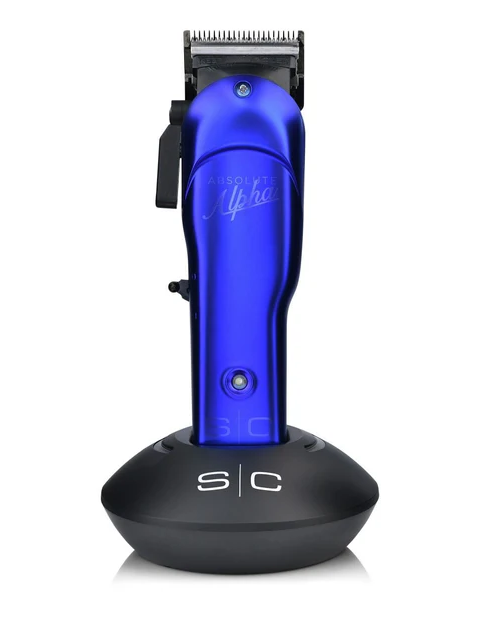 Blue hair clipper with black base on a white background