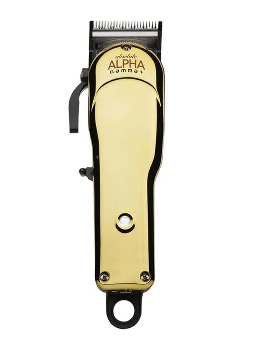 Gold and black hair clipper with 'Alpha Gamma' branding on a white background