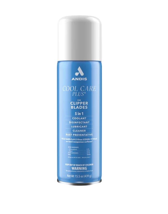 Blue bottle of Andis Cool Care Plus Clipper Blades Solution on a white background