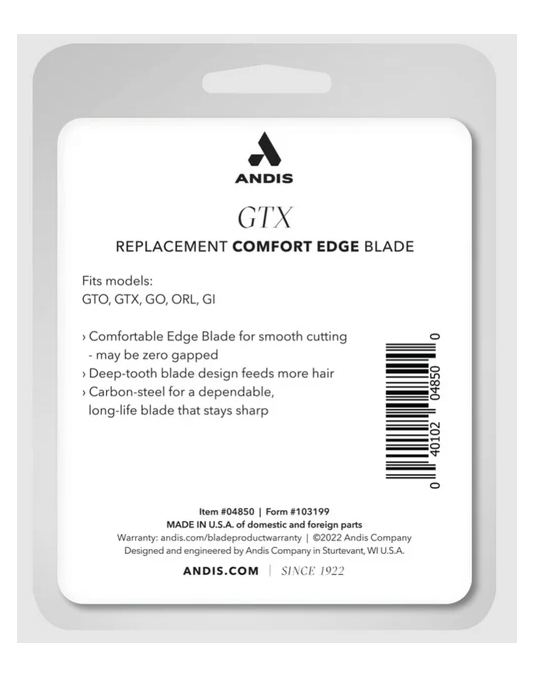 Andis GTX replacement comfort edge blade packaging with branding and product details.
