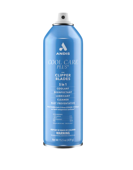 Blue spray can labeled 'Andis Cool Care Plus' on a white background