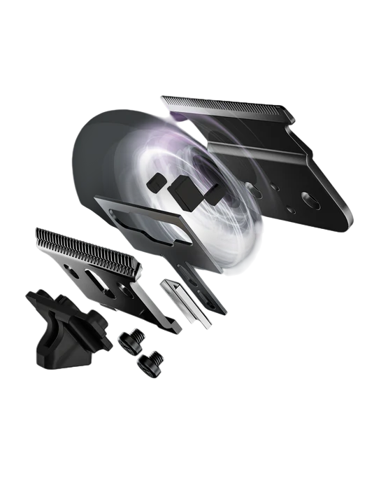 Black grooming tool with interchangeable parts on a white background