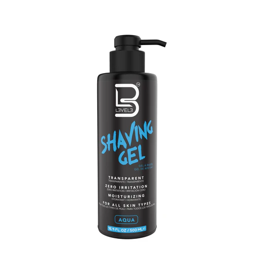 L3VEL3 aqua Shaving Gel bottle on a white background
