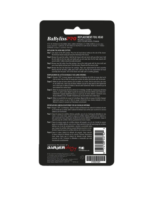 Back of a BaByliss Pro replacement foil head packaging with text and barcode.