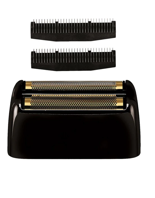 Black and gold foil shaver head with two additional foil heads on a white background