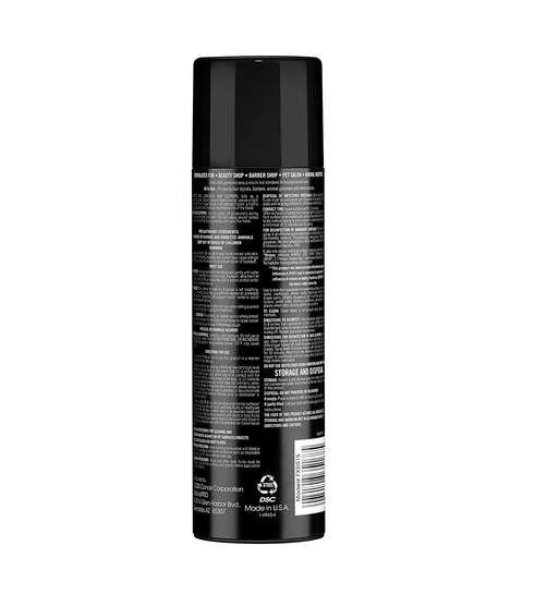 Black spray can with text on a white background