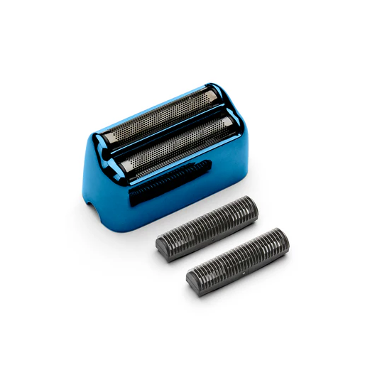 Blue electric shaver head with three black replacement heads on a white background