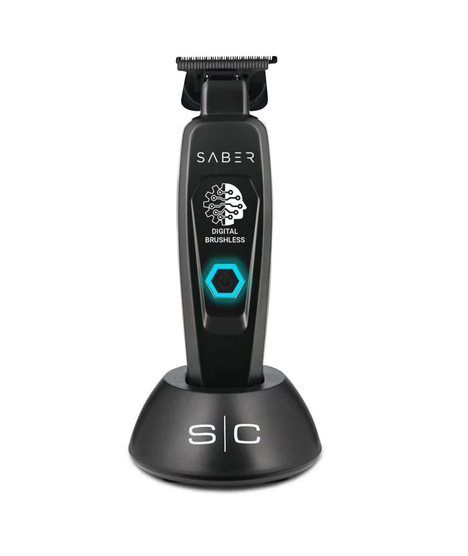 Black hair trimmer with 'Saber' branding on a white background