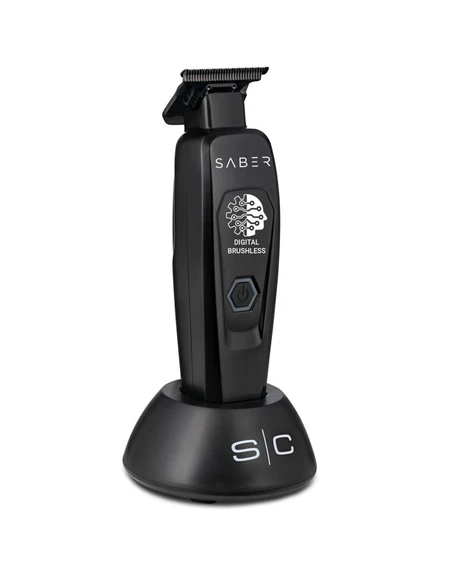 Black hair trimmer with 'Saber' branding on a white background