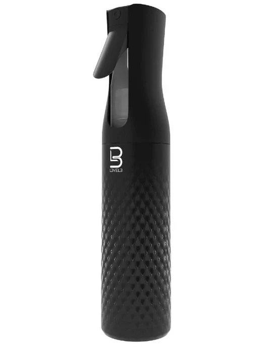 Black textured spray bottle with brand logo on a white background
