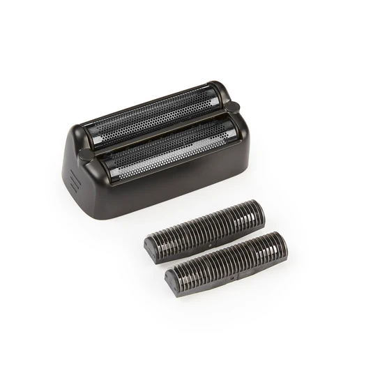 Black electric shaver head with three additional parts on a white background