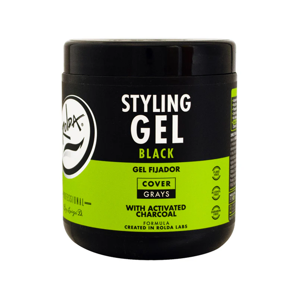 Black and green jar of Rolda styling gel with Rolda Labs branding on a white background
