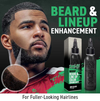 Advertisement for beard and line enhancement product with a man and product packaging.