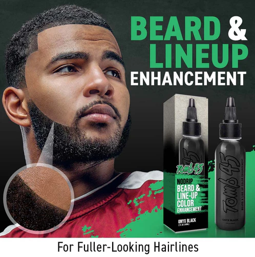 Advertisement for beard and line enhancement product with a man and product packaging.