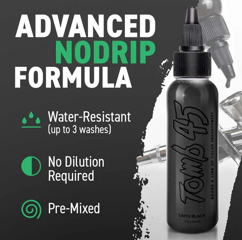 Tomb 45 Advanced Nodrip Formula bottle with text on a black background