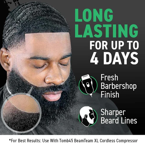 Advertisement for a beard grooming product with a man looking at his reflection, text about longevity, and icons of a barbershop and compressor.