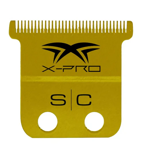 Gold X-Pro hair trimmer blade on a white background