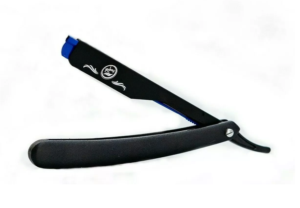 Black Rolda straight razor with blue clip on a white background