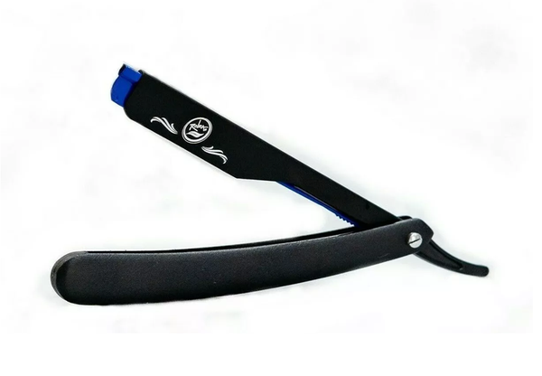 Black Rolda straight razor with blue clip on a white background