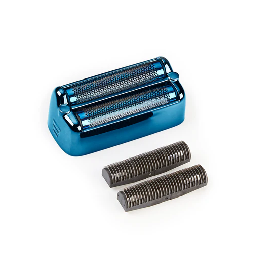 Blue electric shaver head with two black rollers on a white background