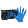 Blue nitrile gloves with Level 3 packaging on a white background