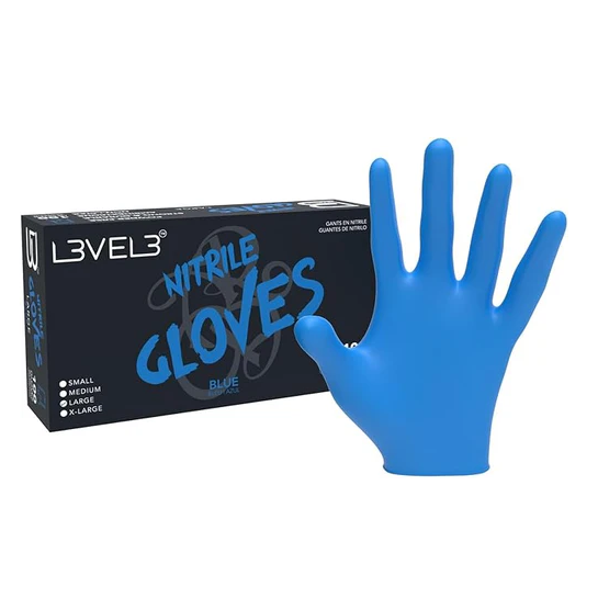 Blue nitrile gloves with Level 3 packaging on a white background