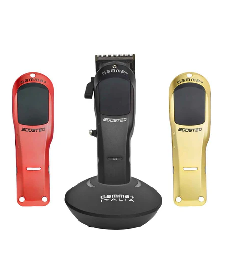 Three hair clippers in red, black, and gold on a white background with 'Gamma Italia' branding.
