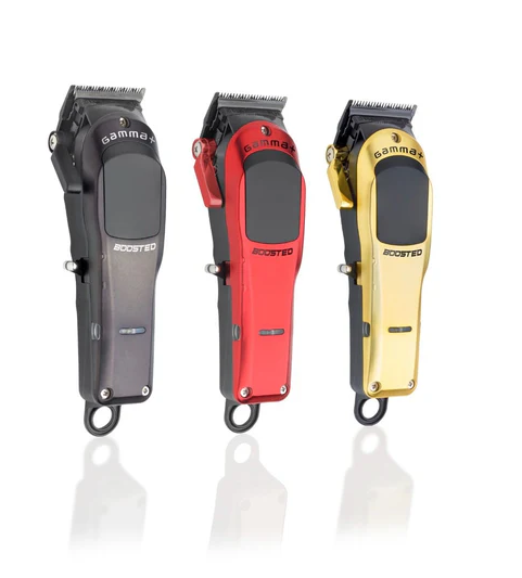 Three hair clippers in black, red, and gold on a white background