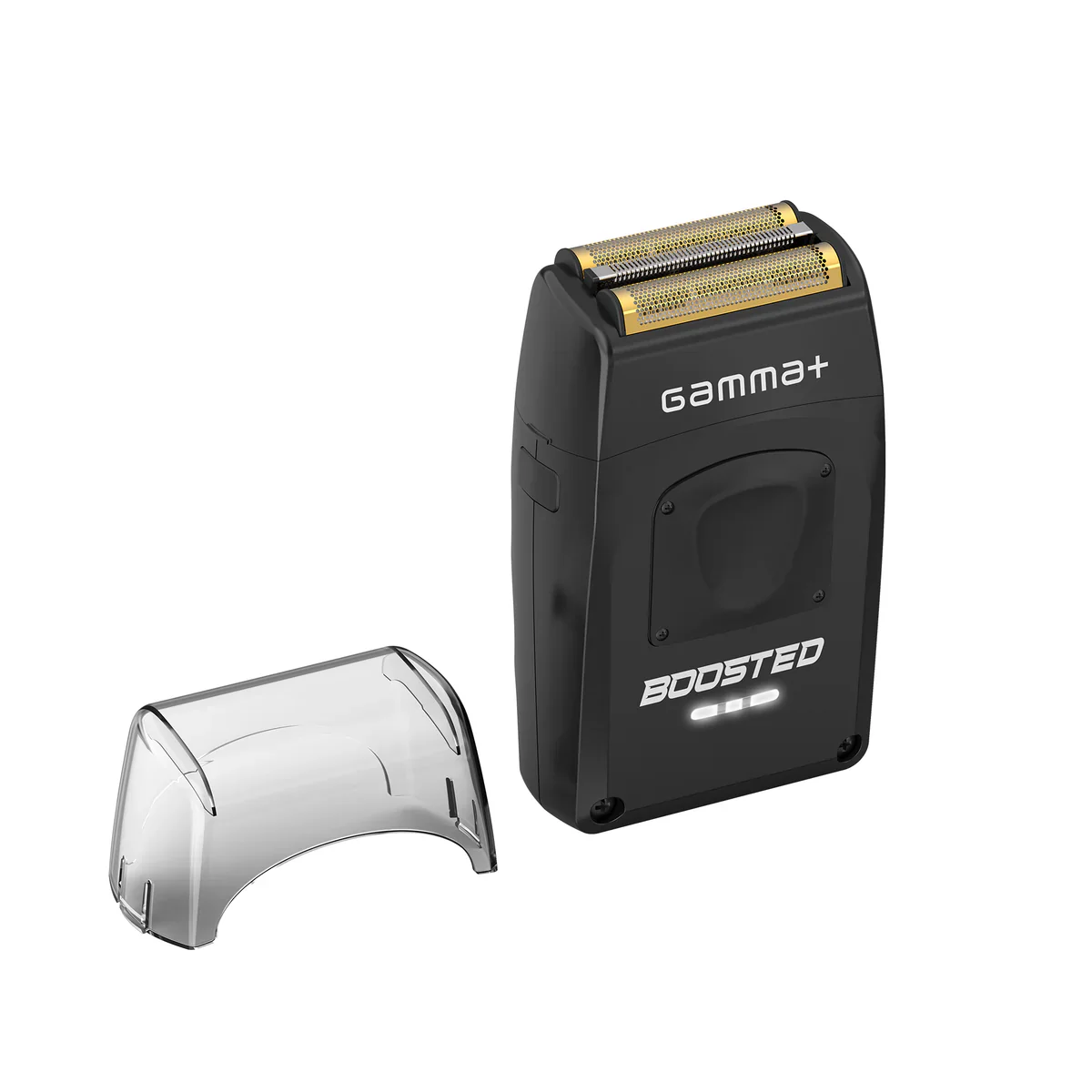 Black and gold shaver with clear cover on a white background, featuring the brand 'Gamma+'.