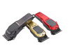 Three grooming clippers in black, gold, and red on a white background