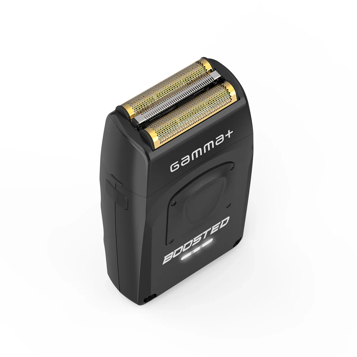 Black electric shaver with gold foil on a white background