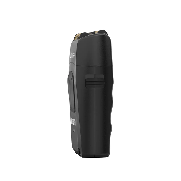 Black handheld device on a white background