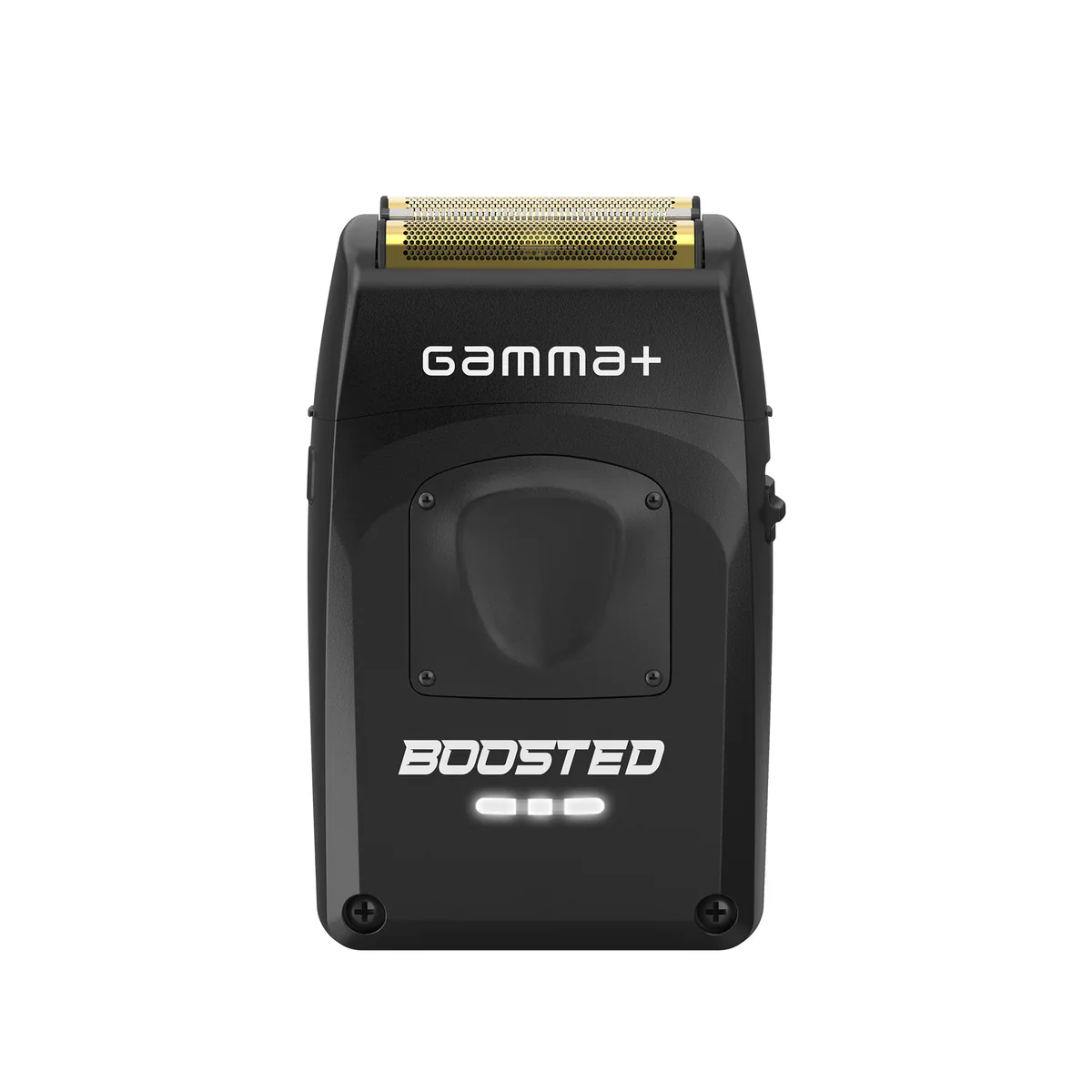 Black electric shaver with gold foil on a white background, featuring the brand 'Boosted'.