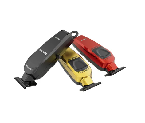 Three hair trimmers in black, yellow, and red on a white background