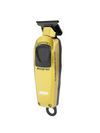 Yellow and black grooming tool on a white background
