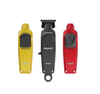 Three grooming clippers in yellow, black, and red on a white background