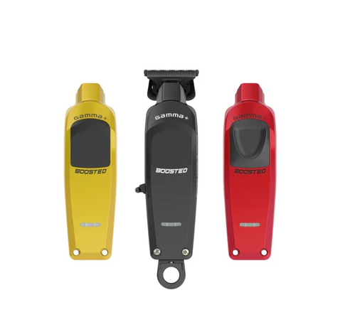 Three grooming clippers in yellow, black, and red on a white background