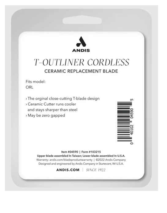 Andis T-Outliner Cordless ceramic replacement blade packaging with branding and product details.