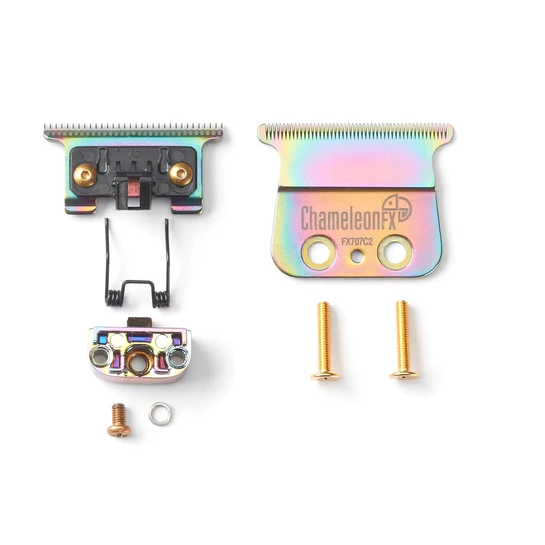 Metallic hair clipper heads with 'Chameleon' branding on a white background